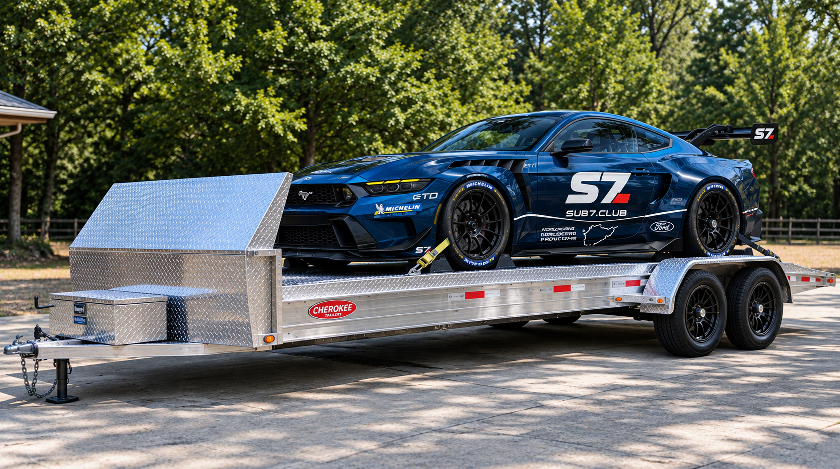 AI-rendered concept of the SUB7 Mustang GTD loaded on a Cherokee aluminum hauler