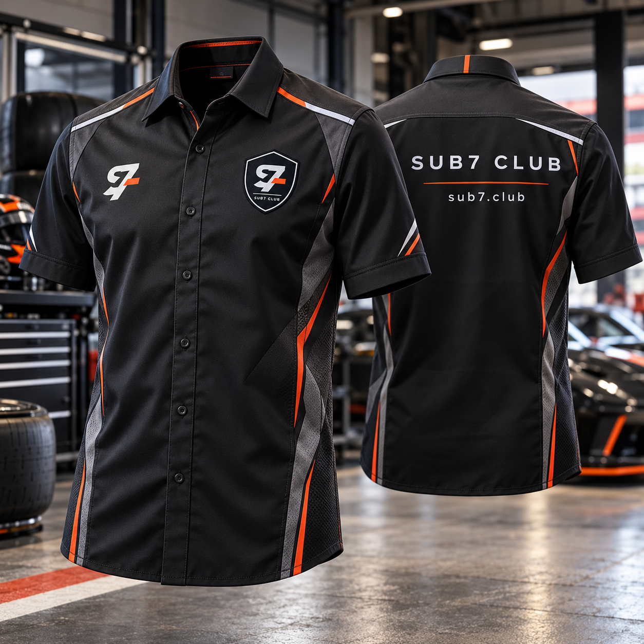 Front and back views of the black, graphite, and orange SUB7 pit shirt