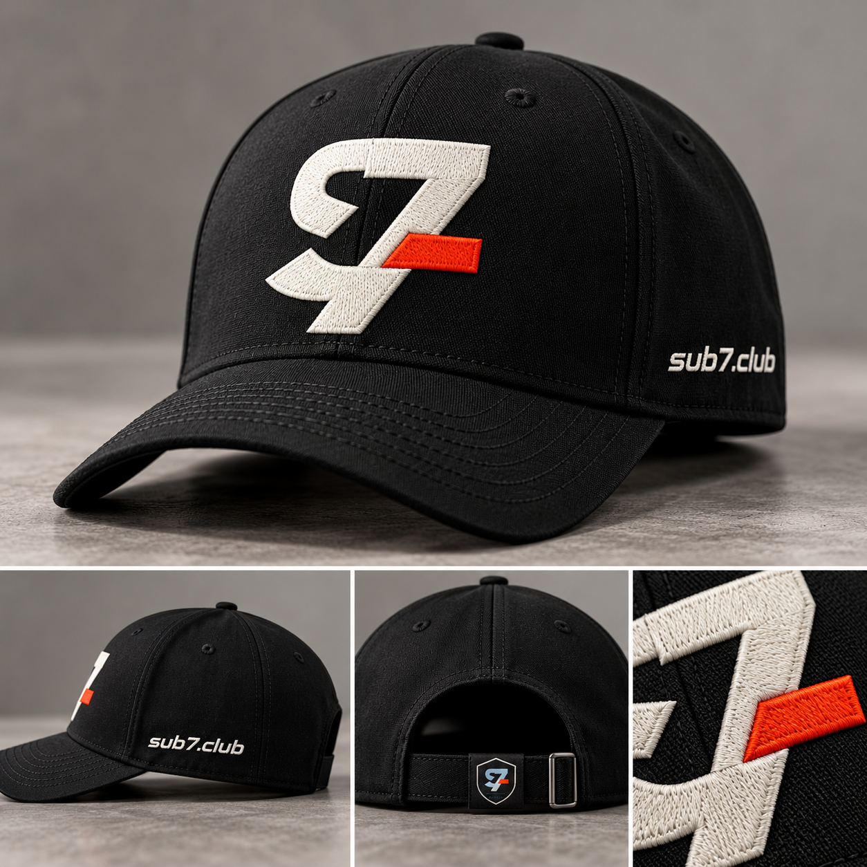 Black SUB7 curved-brim cap shown from multiple angles