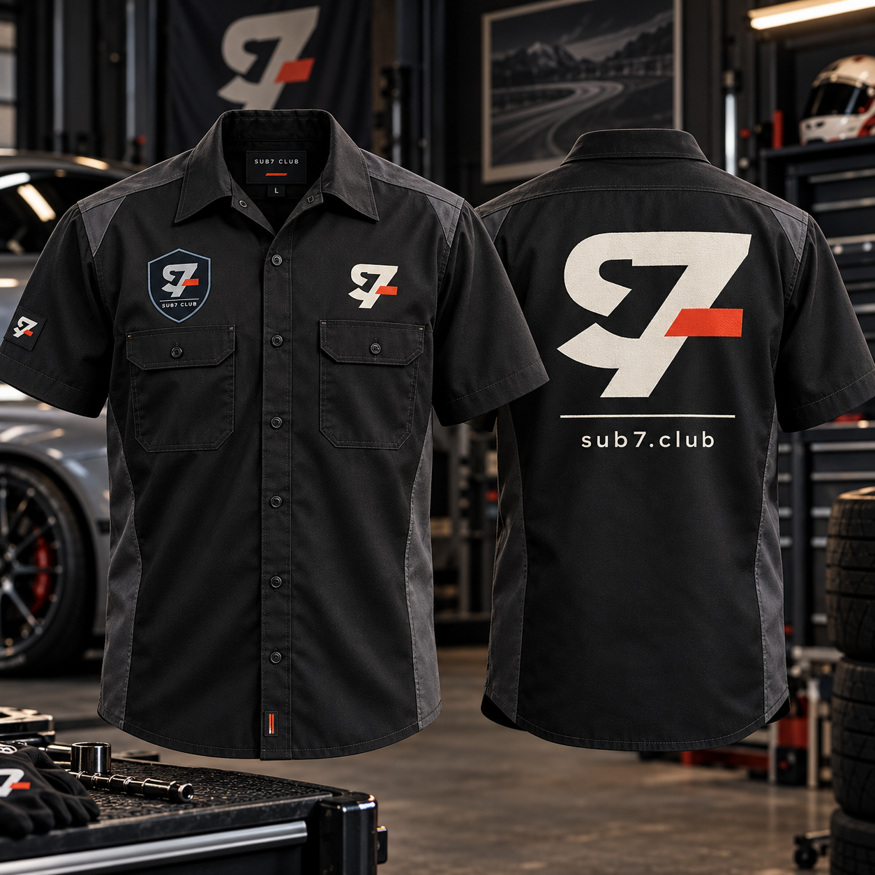 Front and back views of the black SUB7 Club garage shirt