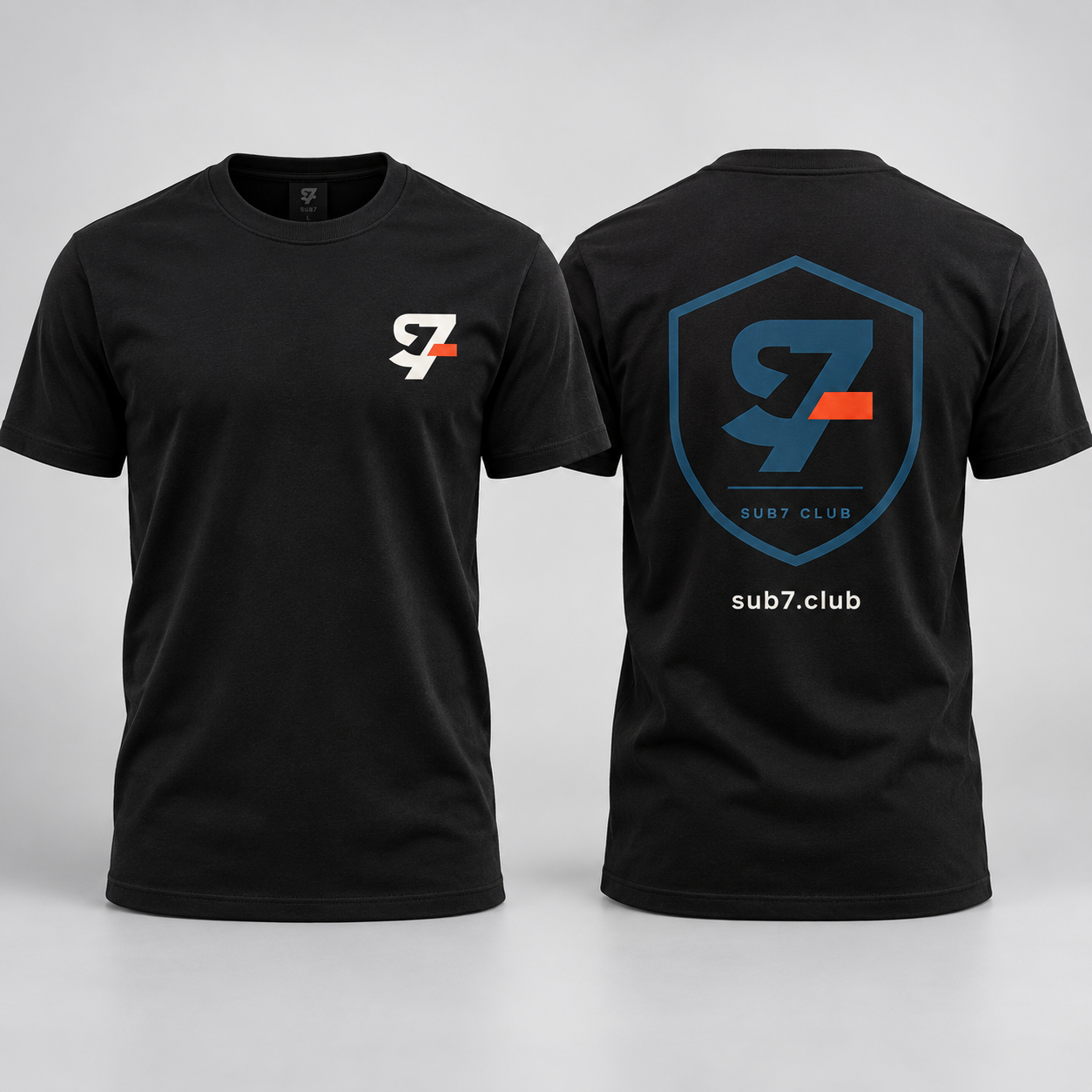 Front and back views of the black SUB7 Club shield tee