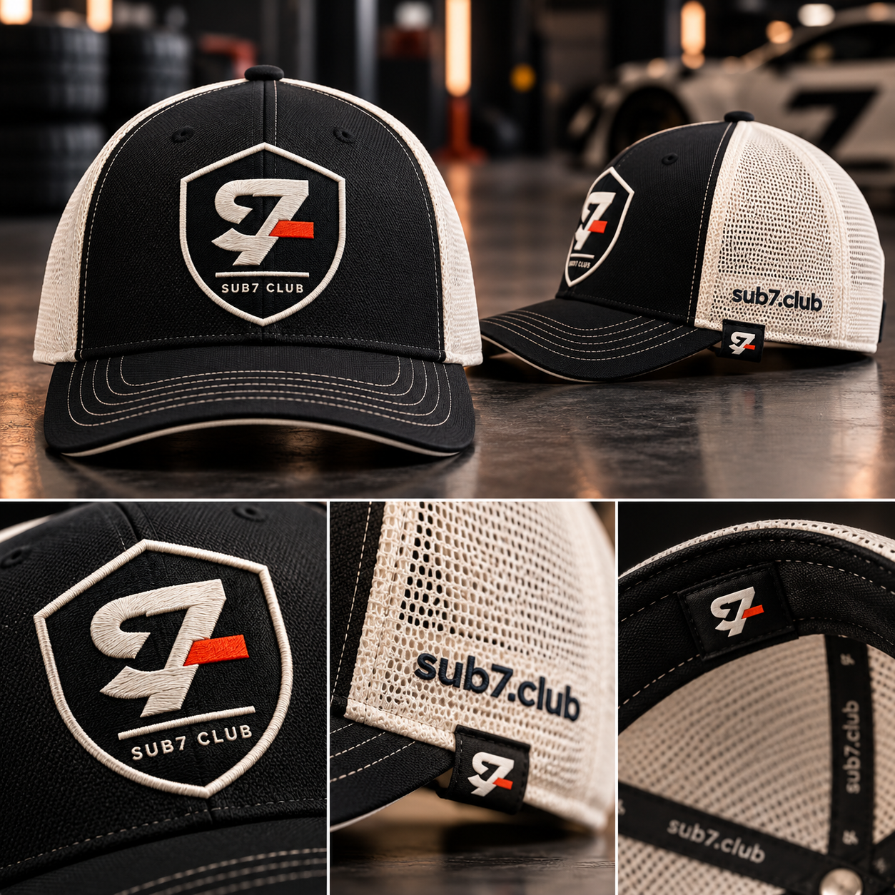 Black and cream SUB7 Club mesh trucker cap shown from multiple angles
