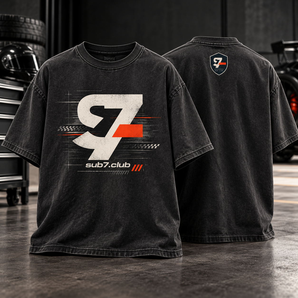 Front and back views of the black SUB7 Founding graphic tee