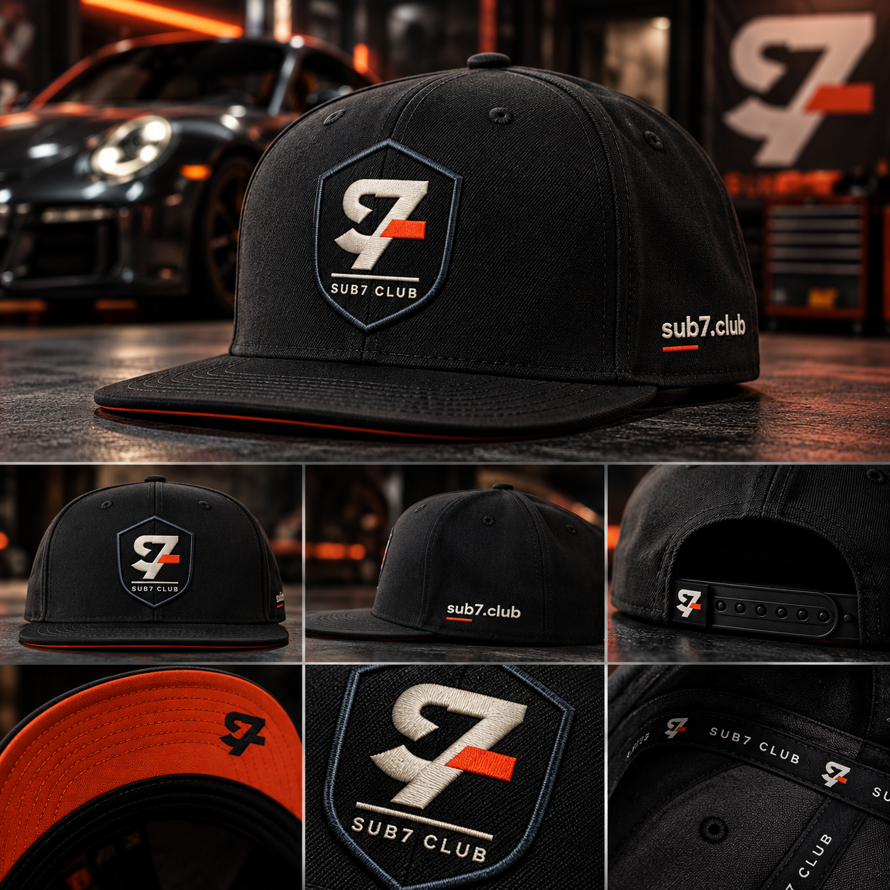 Black SUB7 Club shield snapback cap shown from multiple angles