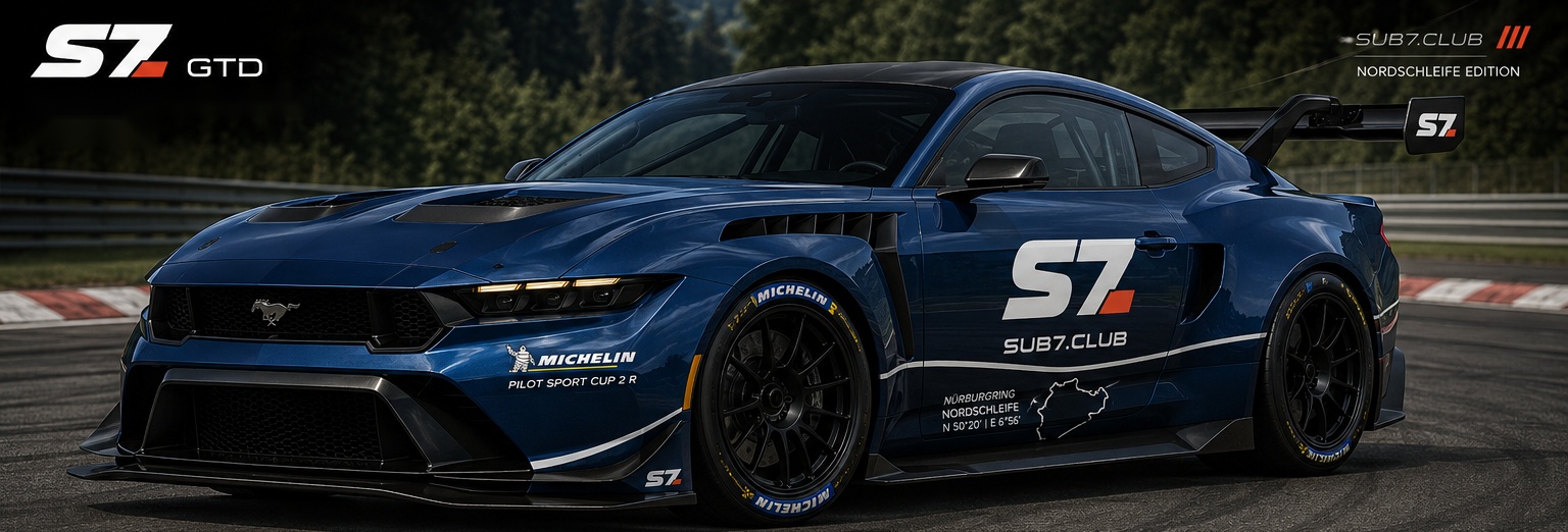 Blue Ford Mustang GTD in SUB7 S7 race livery