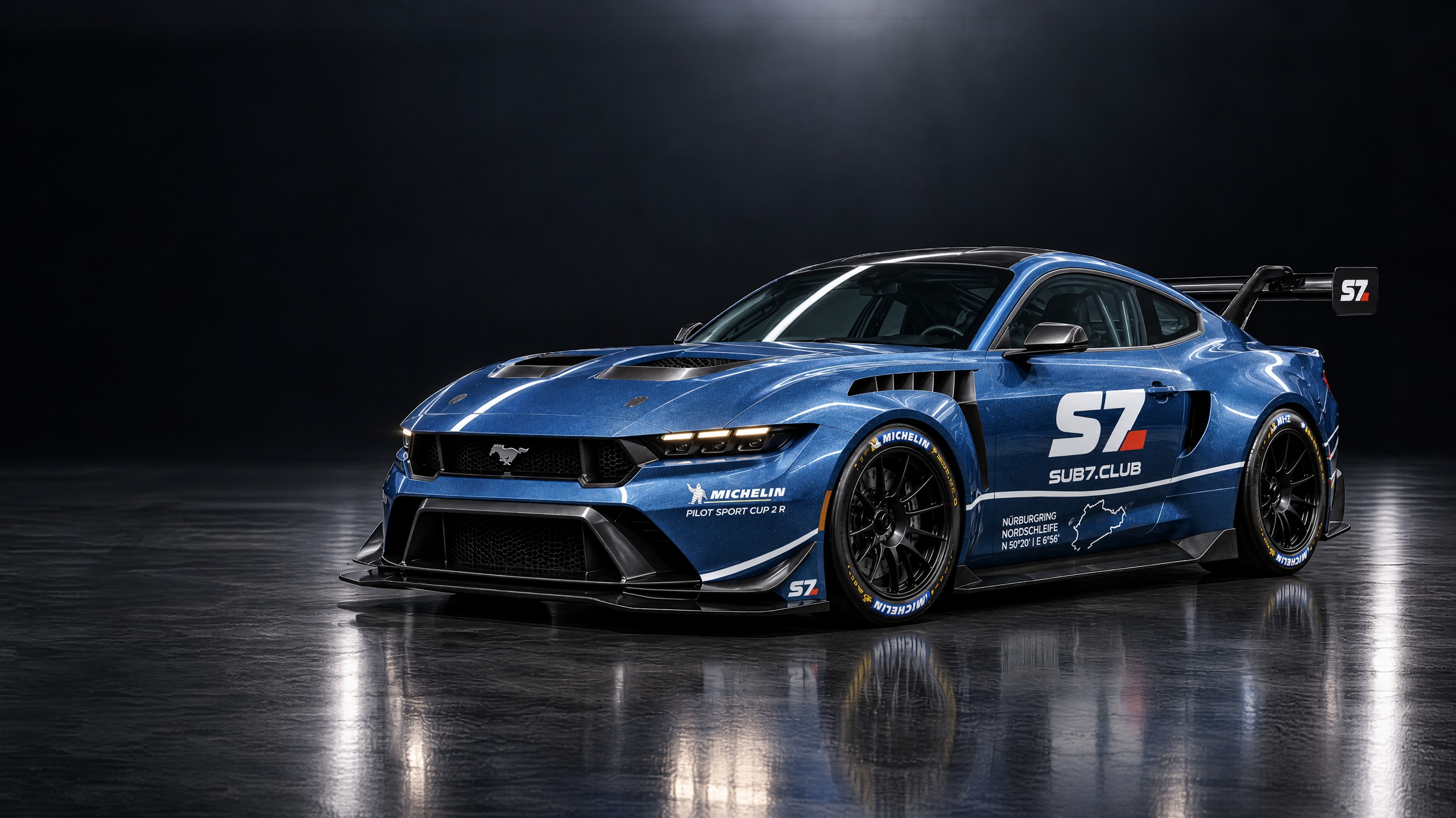 Blue Ford Mustang GTD in SUB7 S7 livery in a dark studio