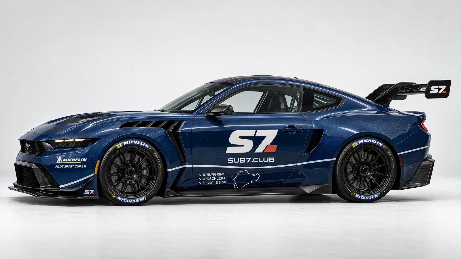 Side profile of the founding SUB7 Mustang GTD on a light studio background