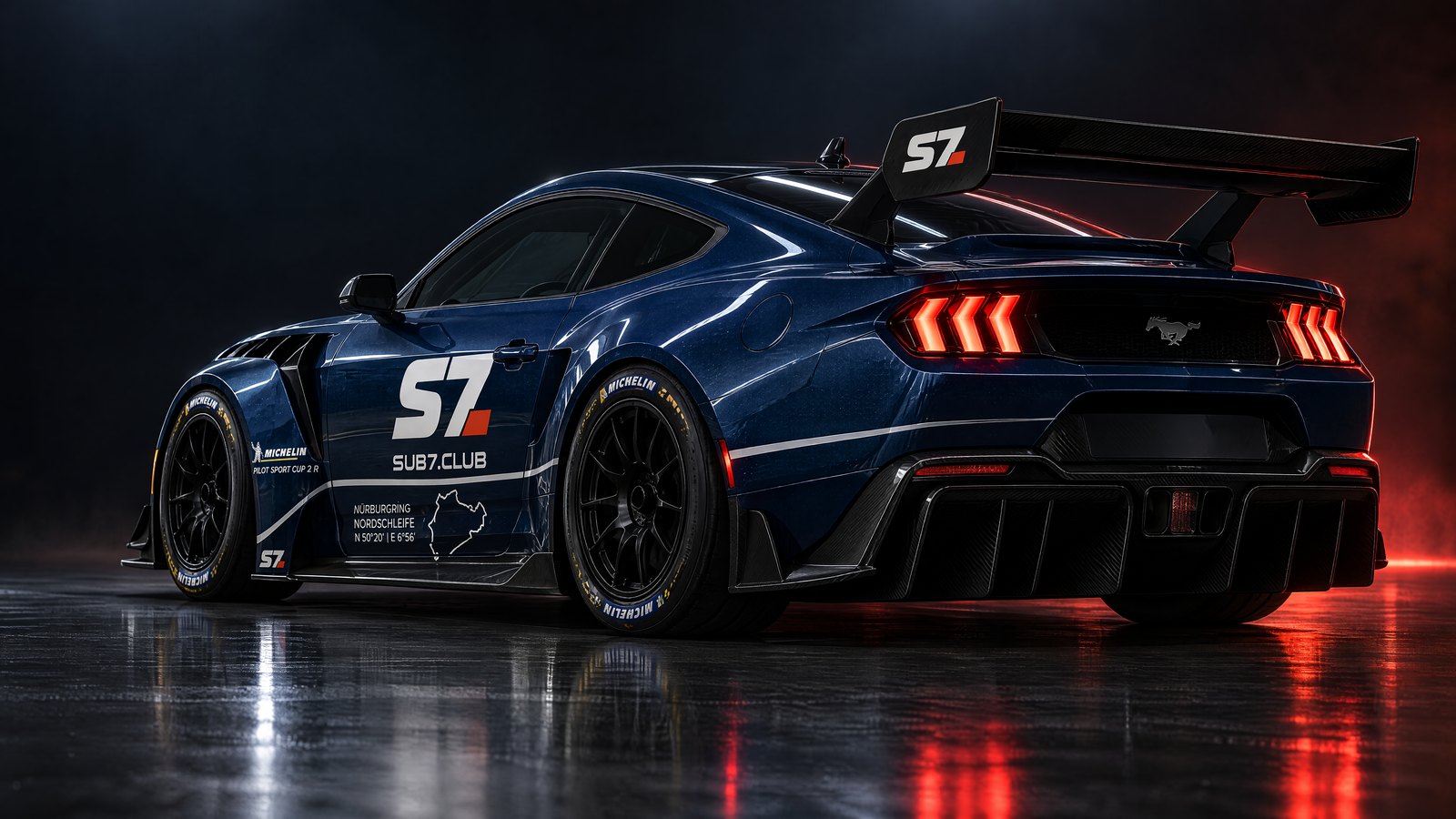 Rear three-quarter view of the blue Ford Mustang GTD in SUB7 S7 livery