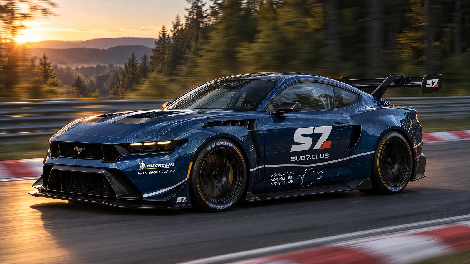 Blue Ford Mustang GTD in SUB7 S7 livery on a forest circuit at golden hour